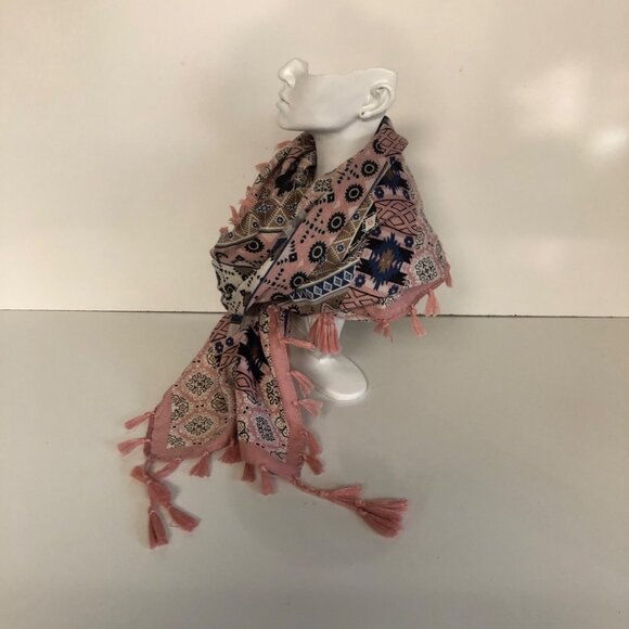 Bohemian Inspired Pink Blue Geometric Patterned Scarf Tassels Square 43x43in - Picture 5 of 5